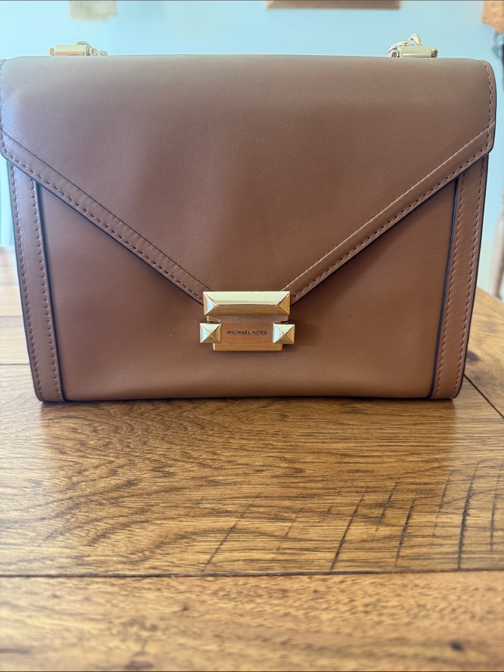 Michael Kors Brown Leather Envelope Crossbody Bag with Gold Hardware